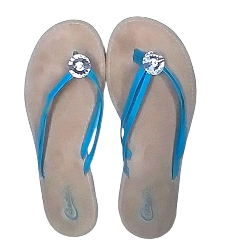 Candie's Flip Flops Women's Thong Style Teal Tan Faux Suede and faux gems Y2K 10